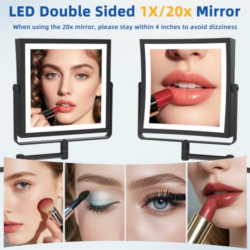 Ruacq Wall Mounted Makeup Mirror with Lights 1X/10X Dual Sided Matte Black | 8",4000mAh Rechargeable,Magnification,3 Color,Touch Screen Dimmable,360° Rotation Extension Foldable Arm, Square, Women Gift - color: Matte Black