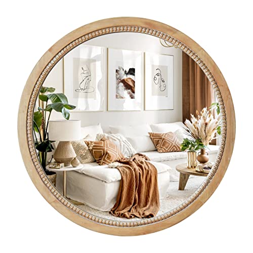 Round Wood Mirror,24" Circle Farmhouse Vanity Boho Bathroom Wall Mirrors | Natural Rustic Wooden Frame Beads Decor Mirror for Living Room,Bedroom,Entryway,Nursery - color: Nature, size: 24"L x 24"W