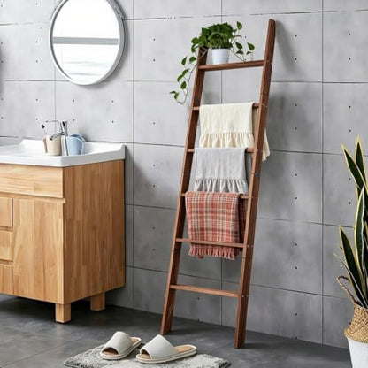 Blanket Ladder for Living Room and Bedroom,6-Tier Decorative Display Ladder Shelf,Ladder Rack for Storage and Decor,Wall Leaning Farmhouse Blanket Storage,Towel Rack, Bathroom,Brown