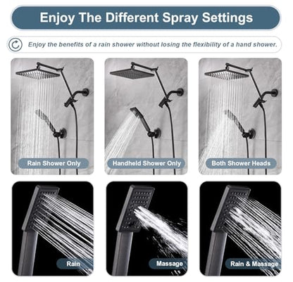 BRIGHT SHOWERS High Pressure Rain Shower Head Combo with Double Extension Arm, 8 Inch Rainfall Shower Head with Handheld Spray, Height Adjustable Dual Square Showerhead Set, Oil-Rubbed Bronze - color: Oil Rubbed Bronze, style: Dual Shower Head with Extens