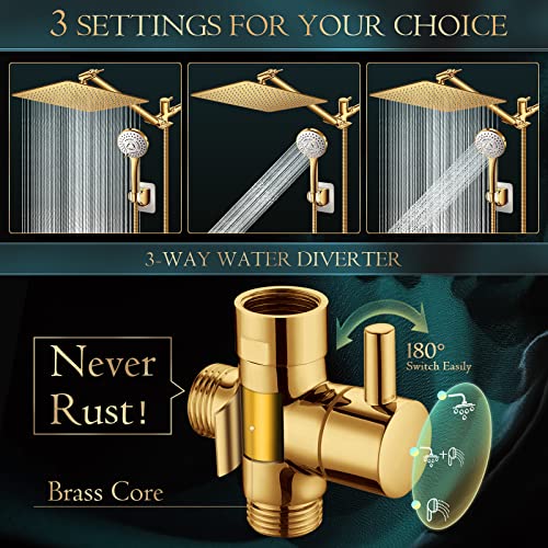 Shower Head,12'' Rain Shower Head with 11'' Extension Arm,Brushed Gold | 5 Settings High Pressure Handheld Shower Head Combo,Adjustable Powerful Shower Spray Against Low Pressure Water - color: Gold, size: 12" Showerhead Set
