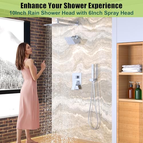 Enga Shower Faucet Set Shower System, Dual Shower Heads 10'' Rainfall with 6'' Wall Shower Head, 2 in 1 Handheld Spray with Valve Kit, Chrome - color: Chrome, style: Wall-10"+6" Head