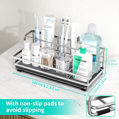 HapiRm Toothbrush Holders for Bathroom - 5 Partitions Bathroom Counter Organizer with Instant Drying Stone, Stainless Steel Countertop Storage Electric Toothbrush Toothpaste Holder - Silver(Large) - color: Silver-large