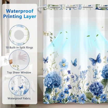 No Hook Floral Shower Curtains, Blue Hydrangea Double Layers Waterproof Fabric Shower Curtain with Snap in Liner and Top Sheer Window, 71x74in Hotel Summer Bathroom Shower Curtains with Weighted Hem - color: Blue Hydrangea
