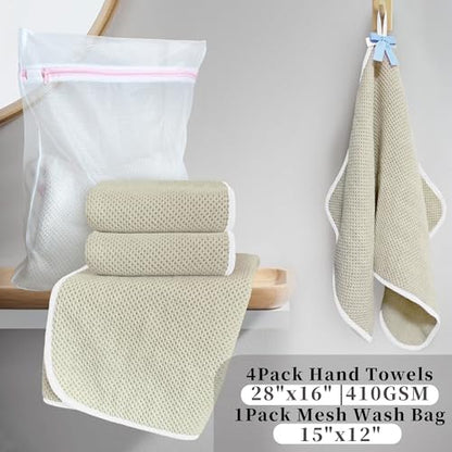 VOOVA & MOVAS Waffle Cotton Hand Towels 4 Pack, 100% Cotton, 28x16 in | Perfect for Bathroom & Guest Daily Use, Built-in Hanging Loop, White Piping, Waffle Weave Fabric - color: White Piping, size: 4PC Hand Towels (16"x28")