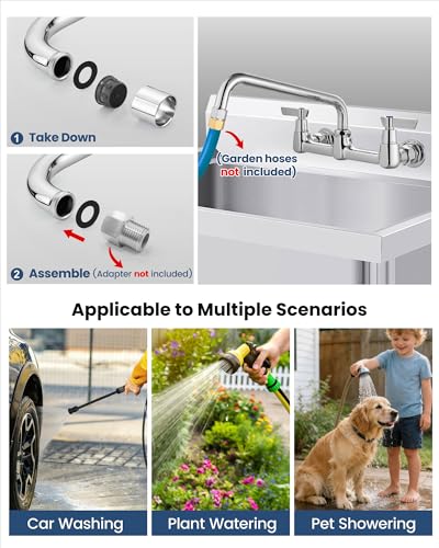 Airuida 8 Inch Chrome Polish Wall Mounted Kitchen Faucet with 10 Inch Spout | Commercial Sink Faucet,Dual Handles,Utility Sink Faucet,360° Swivel Spout - size: 10 Inches Spout
