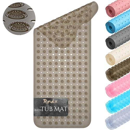 Non-Slip Bathtub Mat – 39"x15.5" Extra Long Shower Mat with Powerful Suction Cups & Drain Holes, Machine Washable Bath Mat for Tub, Foot Massage Texture, Helps Keep Tubs Clean, Clear Brown - color: Light Gray