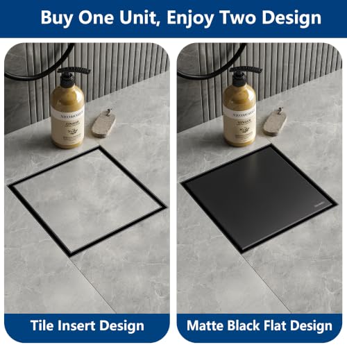 Neodrain 8 in Black Square Shower Drain with Removable Tile Insert Grate | 304 Stainless Steel Tile Square Drain, Hidden Drain,Easy to Clean, Waterproof & Sturdy Shower Drain, CUPC Certified - color: Matte Black, size: 8 IN