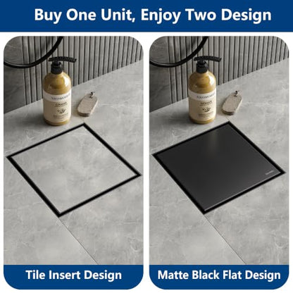 Neodrain 8 in Black Square Shower Drain with Removable Tile Insert Grate | 304 Stainless Steel Tile Square Drain, Hidden Drain,Easy to Clean, Waterproof & Sturdy Shower Drain, CUPC Certified - color: Matte Black, size: 8 IN