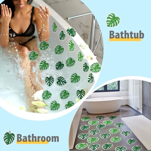 Yaomiao 24 Pcs Palm Leaf Non Slip Bathtub Stickers with Scraper | Shiny, Sparkle, Glitter, Peva, 4.53inch, Easy Apply, No Residue, for Bathroom, Shower Stairs Floor, Safety,Cute, Grip - style: Palm Leaf