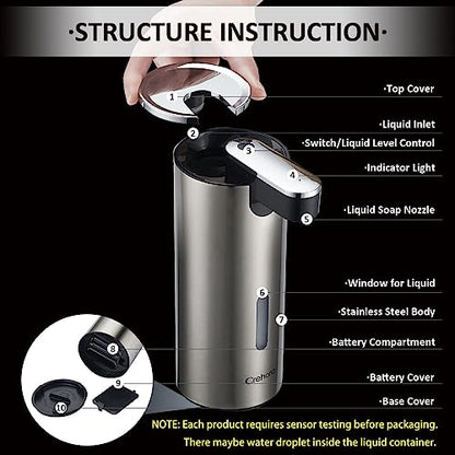 Automatic Soap Dispenser, Automatic Liquid Soap Dispenser Touchless, 12oz/340ml, 3-Level Adjustable, Battery Operated, Water-Resistant for Bathroom, Kitchen and School, Clog-Free, Stainless Steel - color: Chromed & Stainless Steel