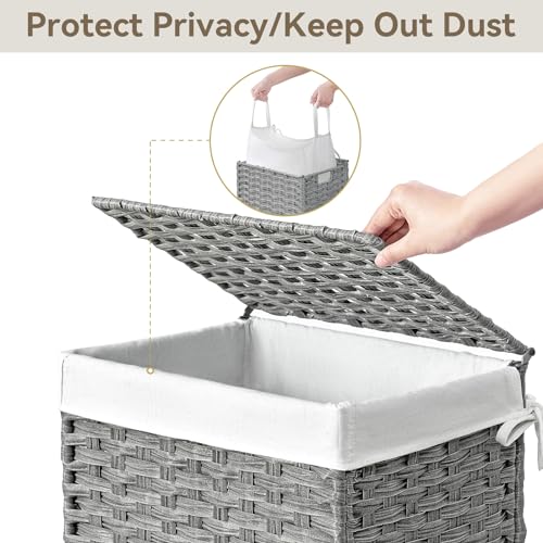 Chrislley Wicker Laundry Basket with Wheels,Rolling Laundry Hamper with Lid | 90L Slim Clothes Hamper with Wheels & Removable Liner Bag, Handwoven Rattan Laundry Organizer for Bedroom, Bathroom, Grey - color: Grey