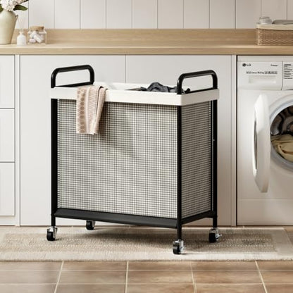 WOWLIVE Rolling Laundry Hamper 2 Section, 100L Laundry Basket with Wheels | Double Laundry Sorter with Metal Handle and Removable Bag, Large Clothes Hamper for Laundry Room, Bathroom and Dorm, Beige - size: 2-Section