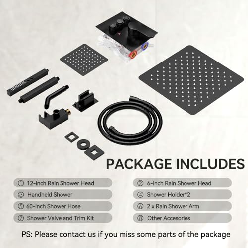 Shower Faucet Set, Wall Mount 12" Rain Shower System with Handheld and 6" Rainfall Shower Head, Can Use 2 Modes Together for Two People, 3 Way Shower Valve with 5 Diverter Complete, Matte Black - color: Matte Black, size: 6+12 inch-07