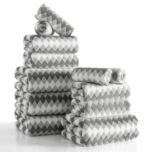 12 Pcs Gray White Diamond Towel Set-4 Bath Towels,4 Hand Towels,4 Washcloths Soft Polyester Towels with Loop Absorbent Shower Towel Quick Dry Beach Chair Towel Family Towels for Bathroom Spa Gym Pool - color: Gray White, size: 12 Pcs Towel Set