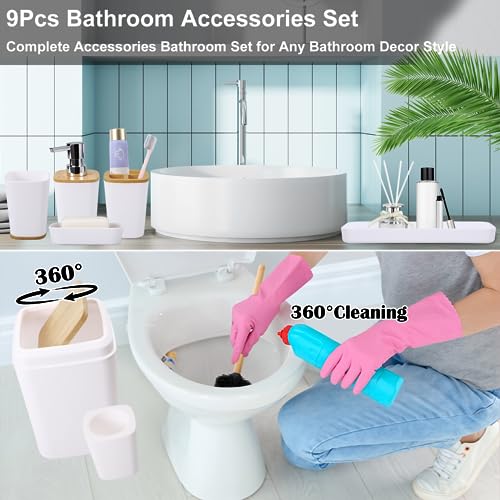 White Bathroom Accessories Set, 9 Piece Bathroom Accessory Set with Trash Can,Toothbrush Holder,Toothbrush Cup,Lotion Soap Dispenser,Vanity Tray,Soap Dish,Toilet Brush,Qtip Holder - size: Bath Set, style: White