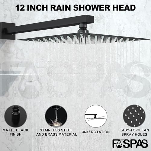 Shower System with 12-Inch Rain Head and Tub Spout | All-Metal Tub Shower Faucet Set, Wall Mounted Rain Showerhead, Handheld Spray, Includes Valve and Trim Kit, Matte Black - color: Matte Black, style: 12"-With Tub Spout