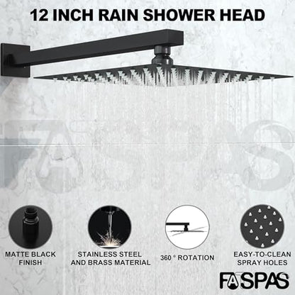 Shower System with 12-Inch Rain Head and Tub Spout | All-Metal Tub Shower Faucet Set, Wall Mounted Rain Showerhead, Handheld Spray, Includes Valve and Trim Kit, Matte Black - color: Matte Black, style: 12"-With Tub Spout
