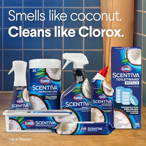 Clorox Scentiva ToiletWand Refills, Coconut and Waterlily, 10 Count | Disposable Toilet Brush Scrubbing Pads, Eliminates Hard Water and Lime Stains 2X Better than a Manual Brush