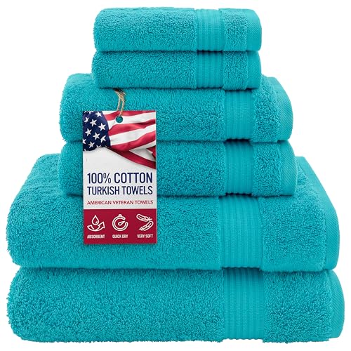 American Veteran Towel, 100% Cotton Turkish 6 Piece Towel Set Luxury Towels Set of 6 for Bathroom Essentials 2 Bath Towels 2 Hand Towels 2 Washcloths, Aqua Blue - color: Aqua Blue, size: XL 6PC