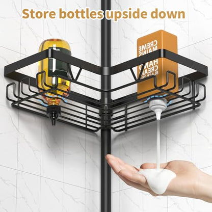 DAOYA Adjustable Tension Pole Shower Caddy, 5-Tier Stainless Steel Shower Shelf Organizer with 2 Movable Toothbrush Holders, 25-115 Inches Extendable Bath Tub Conner Storage Shelf for Family, Black - color: Black-5