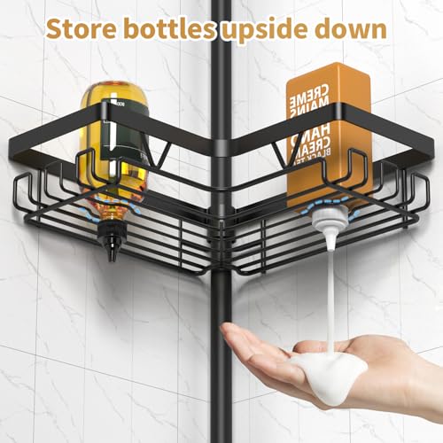 DAOYA Adjustable Tension Pole Shower Caddy, 5-Tier Stainless Steel Shower Shelf Organizer with 2 Movable Toothbrush Holders, 25-115 Inches Extendable Bath Tub Conner Storage Shelf for Family, Black - color: Black-5