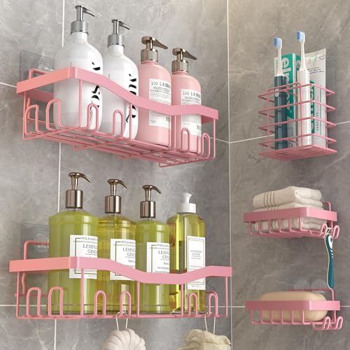 Youvip Adhesive Shower Caddy, No Drilling Bath Organizers 5 Pack, Rustproof Shelves with Soap Holder & Toothbrush Holder, Pink Bathroom Accessories Decor Set - color: Pink-5pc