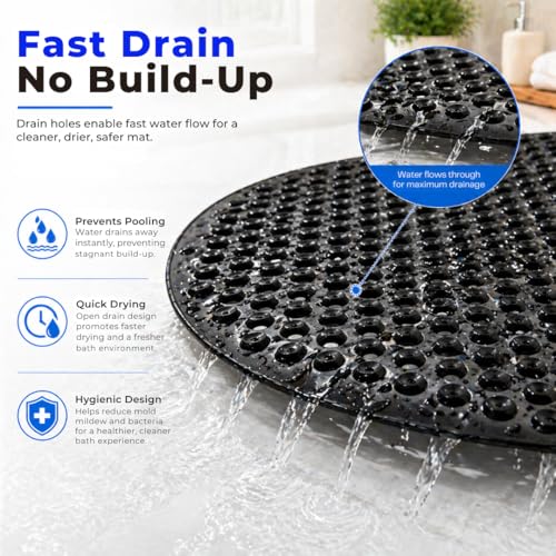 Bath Bliss Jumbo Oval Bath Mat 18x36 Black Color | Non-Slip Aqua Gel Bathtub Mat with Suction Cups | Anti-Slip Shower Safety Mat with Drain Holes