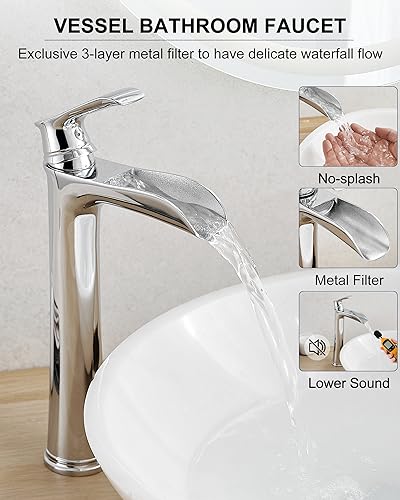 Bathroom Waterfall Faucet, Brass Tall Chrome Bathroom Faucet One Handle, Vessel Sink Faucet 1 Hole, Faucet for Bathroom Sink with Pop-Up Drain & Supply Hoses for Vanity Lavatory RV Farmhouse - color: Chrome