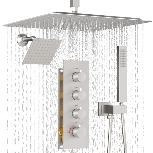Enga Thermostatic Dual Head Shower System, 16" + 6" Dual Rainfall Shower System (Can All Run Together & Volume Adjustable) Dual Shower Head Combo Set, Brushed Nickel - color: Brushed Nickel, style: ‎16"+6" Head