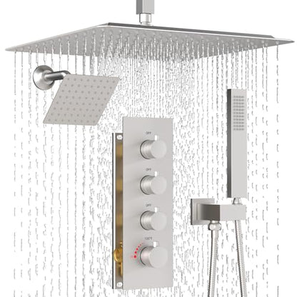Enga Thermostatic Dual Head Shower System, 16" + 6" Dual Rainfall Shower System (Can All Run Together & Volume Adjustable) Dual Shower Head Combo Set, Brushed Nickel - color: Brushed Nickel, style: ‎16"+6" Head