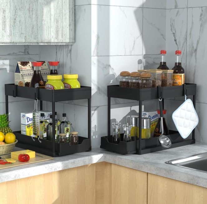 Under Sink Organizer, 2 Tier Under Sink Organizers and Storage, Slide Out Pull Out Cabinet Organizer Shelf, Sliding Drawer for Kitchen Bathroom Pantry Cabinet Closet Organization Rack.