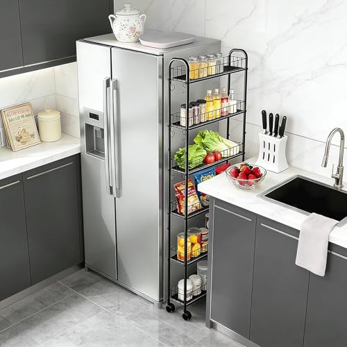 Slim Storage Cart with Wheels, Metal 6-Tier 6in Black Narrow Rolling Shelf, Sturdy Slim Storage with Hooks Ideal for Kitchen, Bathroom, and Laundry Room - size: 6in 6-Tier Cart