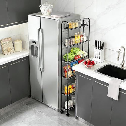 Slim Storage Cart with Wheels, Metal 6-Tier 6in Black Narrow Rolling Shelf, Sturdy Slim Storage with Hooks Ideal for Kitchen, Bathroom, and Laundry Room - size: 6in 6-Tier Cart