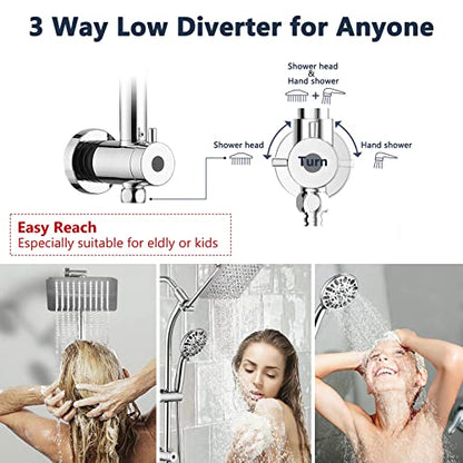 Rainfall 8 Inch Shower Head with High Pressure Handheld Spray Combo, Drill-Free Slide Bar with Adjustable Shower Extension Arm, 3-Way Low Diverter for Easy Reach, 5Ft Hose- Chrome - color: Polished Chrome