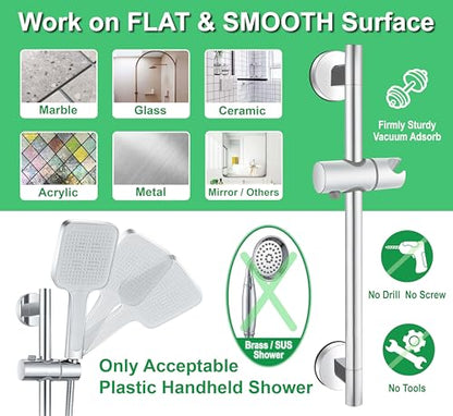 Upgraded 17.7 Inch Shower Slide Bar w/ Waterproof Suction Cup,SUS Metal Bar Heavy Duty, Removable & Adjustable Handheld Shower Head,Wall Mount Drill-Free Install No Tool,Bathroom Wall Protect - color: Chrome Polish