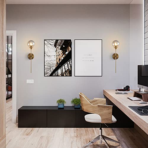 KCO 2 Pack Mid Century Modern Brass Gold Smoke Gray Glass Globe Wall Sconce | E26 Hardwired, Up/Down Mounted, Long Linear Rod, Farmhouse Wall Light Fixture for Bedroom Bathroom Hallway Living Dining Room - color: Smoke Grey