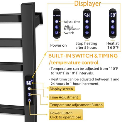 XBVV Black Towel Warmer Rack for Bathroom with Timer/Fahrenheit Display Electric Heated 10 Bars Drying Rail Plug-in or Hardwired Wall Mounted Heating Bath Towel Warming(Matte Black) - color: Matte Black