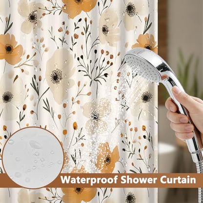 No Hook Shower Curtain with Snap in Liner, Double Layers Waterproof Bathroom Shower Curtain Sets with See Through Window and Weighted Hem, Floral Bath Curtain for Bathroom and Hotel, 71" W x 74" L - color: Beige Flowers