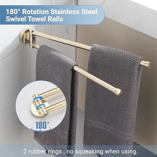 BGL Swivel Towel Bar for Bathroom Gold,Swing Out Double Towel Bar 2-Arm Kitchen Wall Mounted Towel Hanger Holder for Bathroom Organizer - color: Gold