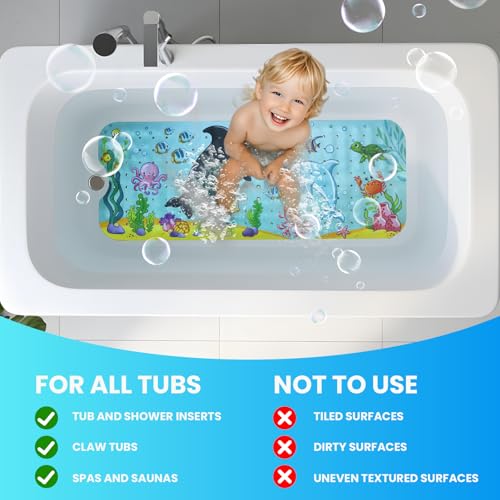 Baby Bath Tub Mat, 40 x 16 Inch Extra Large Non Slip Kids Cartoon Bathtub Shower Mats with Suction Cups & Drain Holes, Machine Washable for Bathroom, Undersea Whale & Dolphin - color: Undersea-whale