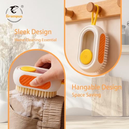 All-in-One Refillable Scrub Brush with Built-in Tank, Press to Dispense Solution for Multi-Surface Cleaning: Clothes, Shoes, Wheels, Kitchen, Bathroom. Hangable, Large Capacity, Dense PET Bristles
