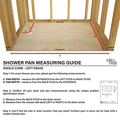 Tile Redi 3260LSPVC-13-2-4 Shower Pan with Left Drain- Single Curb Shower Base, 2" PVC Drain, and Plate Included, 60" Width x 32" Depth - size: 60" W x 32" D, style: Left Round Drain Plate 13" from Back