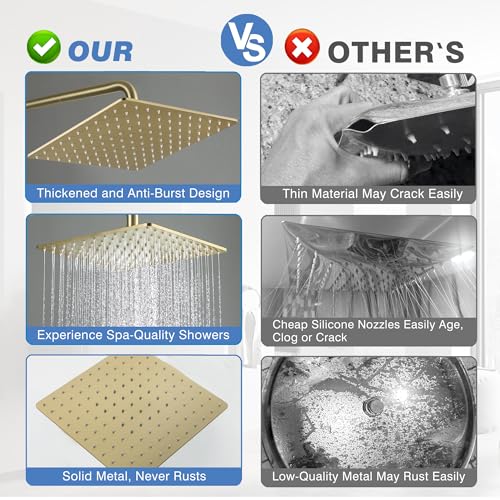 Solid Metal Large Rain Shower Head, Square High Flow Ceiling Rainfall Shower Head with Shower Arm and Flange, Reinforced Explosion-Proof Stainless Steel Construction (12-Inch, Brushed Gold) - color: Brushed Gold, size: 12 Inch
