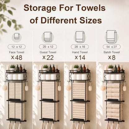 Towel Racks for Bathroom 39.9 Inch Wall Mounted Towel Rack with Shelf, Bathroom Towel Storage Holds 6 Large Rolled Towels, Metal Wall Towel Rack, Black - size: 39.9inch