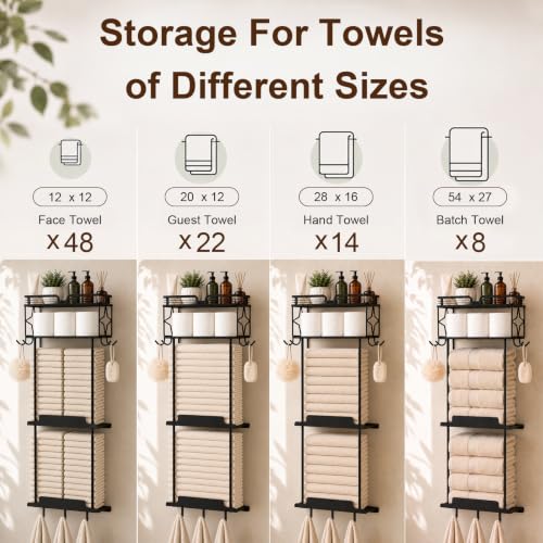Towel Racks for Bathroom 39.9 Inch Wall Mounted Towel Rack with Shelf, Bathroom Towel Storage Holds 6 Large Rolled Towels, Metal Wall Towel Rack, Black - size: 39.9inch
