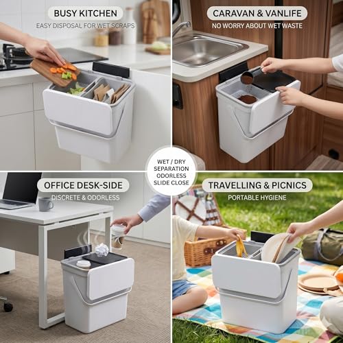 3.2 Galoon Kitchen Compost Bin with lid | Odorless Hanging Trash Can with Sliding Lid for Dry & Wet Waste – 12 L Wall-Mounted Garbage Can for Kitchen Cabinet. Under Sink Trash can for Office.