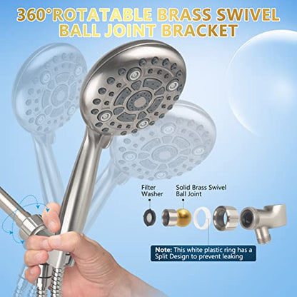 6 Spray Modes High Pressure Handheld Showerhead Set Upgraded | 5 Inches Shower Head with Handheld Spray Brushed Nickel Handheld Shower Head 60 Inches Stainless Steel Hose-1-Min Install - color: Brushed Nickel