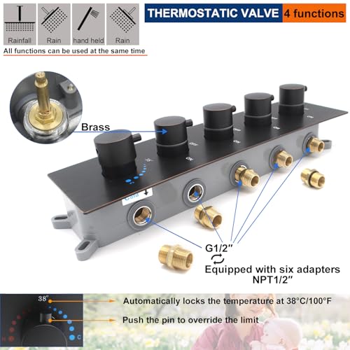 Thermostatic Shower System with 14x20 Inch Ceiling Mount LED Head & 6 Inch Wall Head and Handheld Shower 4 Function Vale with body jets, Oil Rubbed Bronz - color: Oil Rubbed Bronz, style: 14x20 led+6 jets
