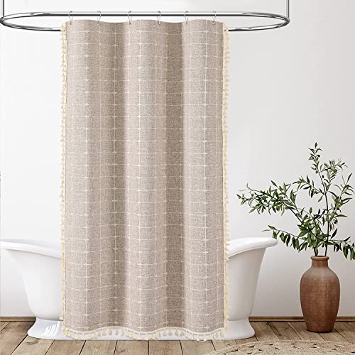 BTTN Stall Boho Farmhouse Linen Heavy Duty Shower Curtain, 36x72, Tan/Taupe | Half Size, 330GSM Linen Blend, 3-side Tassels, Water Repellent Fabric, 6 Plastic Hooks, Rustic Bohemian, Machine Washable - color: Taupe, size: 36"W x 72"L (Pack of 1)